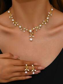 Set de joyería de 3 piezas con hojas de cristal: aretes y collar, elegante para fiesta