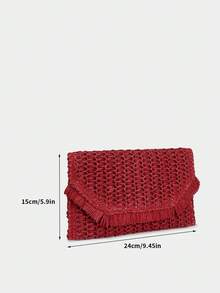 Boho-Stil Stroh gewebte Clutch Handtasche mit Patches und Fransen für Urlaub, Valentinstag
