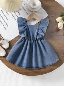 Summer New Baby Girls' Cute Bow Decor Cap Sleeves Denim Dress, Casual