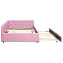 Merax Full XL Size Daybed, Linen Upholstered Corner Bed With Twin XL Trundle, Tufted Button Platform Bed, Solid Wood Bed Frame, No Box Spring Needed, Pink - Full XL-Pink - View 6
