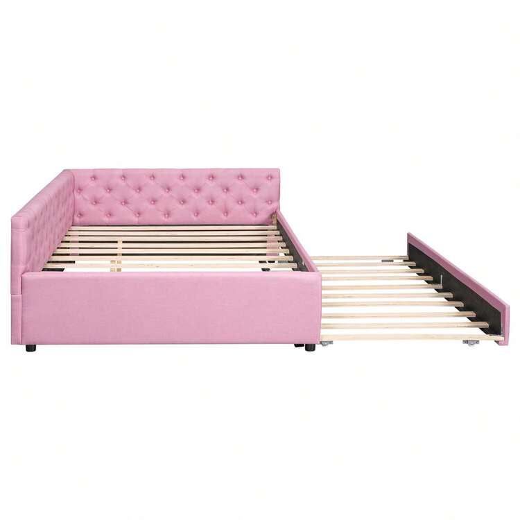 Merax Full XL Size Daybed, Linen Upholstered Corner Bed With Twin XL Trundle, Tufted Button Platform Bed, Solid Wood Bed Frame, No Box Spring Needed, Pink - 全XL-粉紅色 - 查看 6