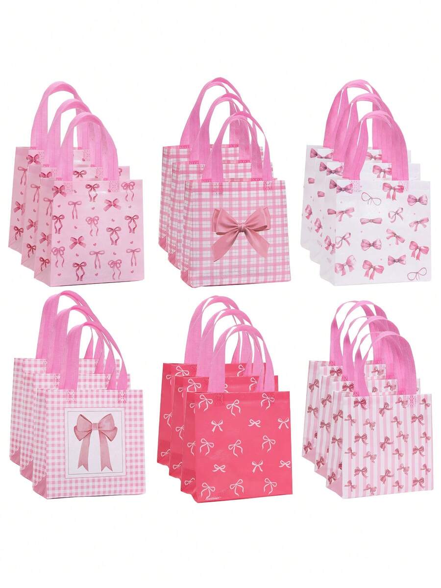 6/12/24件甜美蝴蝶结印花无纺布手提袋生日礼物包装袋创意小清新节日礼品袋 - 彩色 - 查看 1