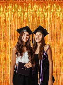 2/1pc Orange Tinsel Curtain, Autumn Streamer Back To School Graduation Decor, Halloween Thanksgiving Birthday Party Background, Photo Booth Prop