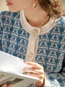 Knit Mix Women's Knitted Geometric Pattern Commuter Shirt, Suitable For Autumn/Winter, Round Neck Long Sleeve With Pocket, Regular Loose Fit, Comfortable, Back To School Season - Blue and White - View 6