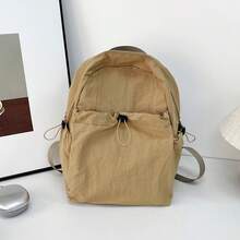 Solid Color Pleated Nylon Backpack Lightweight Casual Travel Backpack Female College Student Computer Bag - Khaki - View 6