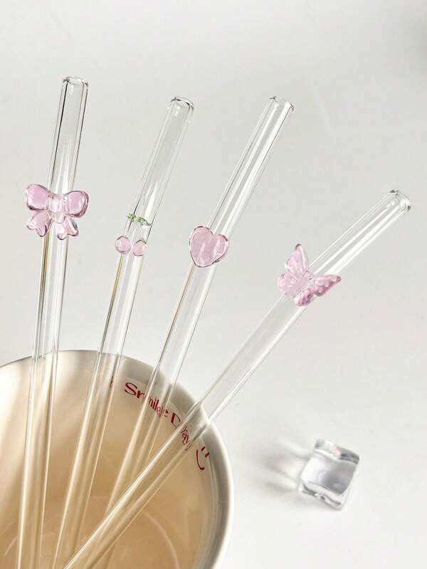 1Pc/1Set Reusable Glass Straws With Pink Butterfly/Bow/Heart/Cherry Shapes, Heat-Resistant And Shatter-Resistant Drinking Straws With Cleaning Brushes, For Cold Drinks, Milk Tea, Coffee, Juice, Smoothies, Kitchens, Restaurants, Cocktail Parties, Back-To-School, Gifts For Girlfriends/Boyfriends, Parents, Friends, Holiday Supplies, Halloween, Thanksgiving, Christmas