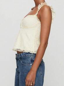 Sexy Girl Lace Design Ruffle Strap Bow Decor Lace Patchwork Sleeveless Tank Top, Spring/Summer New Arrival - Yellow - View 4