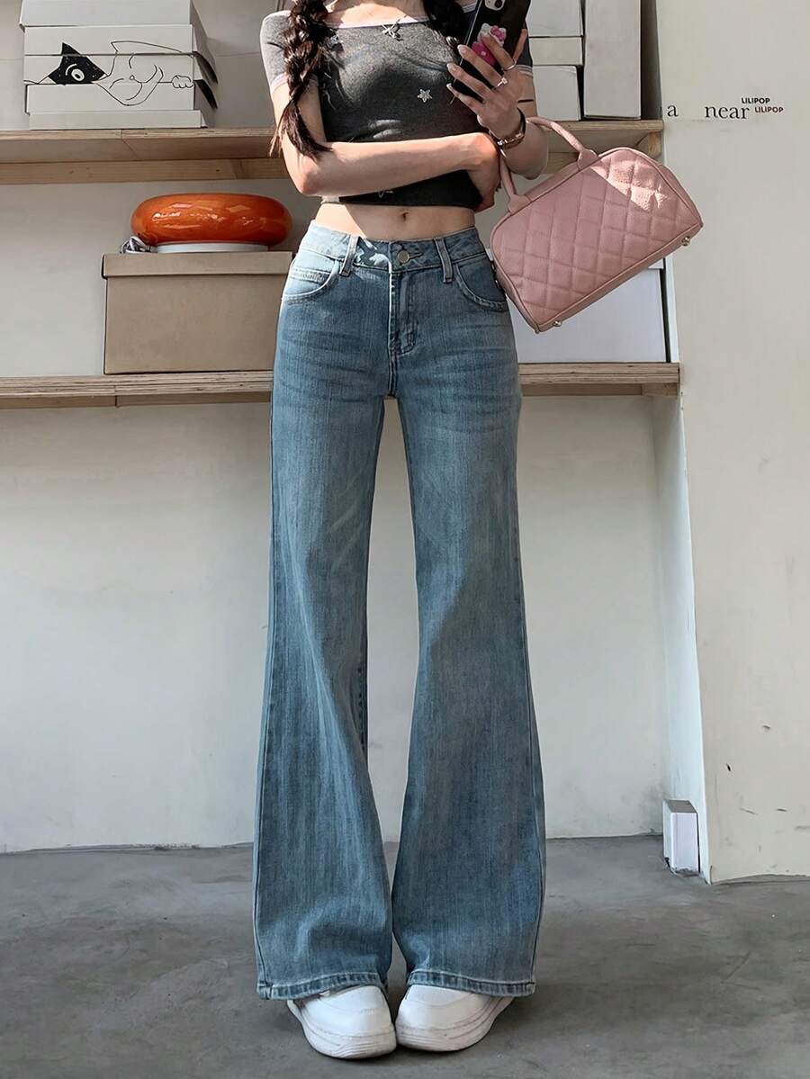 Quần jeans ống loe cạp thấp màu xanh nhạt, kiểu dáng thường ngày. - Màu xanh lam - Xem 1