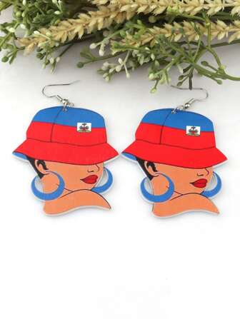 一对复古木质女性头像地图旗帜耳环，UV印刷，复古派对非洲饰品DIY俱乐部礼物