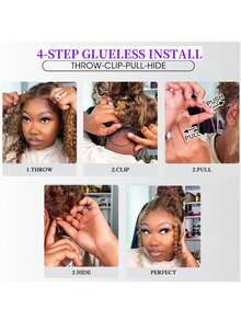 ZHENDEFA Wig mit verdecktem Träger, Jerry-Locken 360 Grad Vollspitzenperücke aus Echthaar ohne Klebstoff, vorgerupft, 4/27 Farbton, Echthaar-Perücke mit Ziehband und HD Vollspitzenfront Perücke mit Highlights