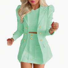 Women's Clothing Fashion Temperament Printed Princess Sleeve Short Skirt Suit Professional Wear Women's Two-Piece Suit Womenswear Gamis Comfort Basic - 綠色 - 查看 2