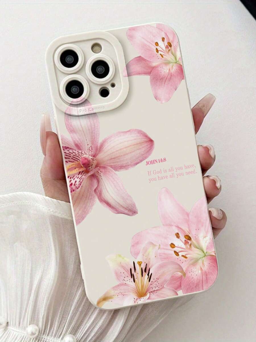 粉色花卉时尚防震单件装穿孔直边圣经经文手机壳,粉色花卉彩绘加厚保护壳,兼容 16/11/16pro/16plus/16promax/16e/15Promax/13/14/12/XS/XR/7G/8P,兼容三星Galaxy S25/S25PLUS/S25 Ultra/A16/A36/A26/A56/A50/A12,防水防摔防刮,春季礼物,生日周年纪念派对手机壳 - 彩色 - 查看 1