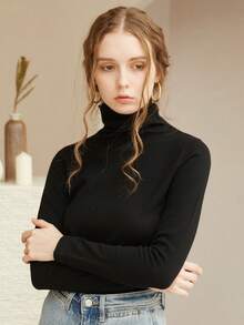 Knit Mix 优雅女士纯色高领长袖针织衫，适合秋冬季节，修身通勤风上衣，情人节理想之选，低调复古绅士休闲风，返校季秋季时尚，秋冬季圣诞节、感恩节、新年必备单品 - 黑色 - 查看 8
