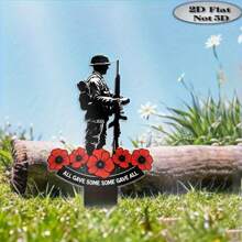 1 PC 2D Flat Acrylic Gift Garden Decoration Pile For All Seasons, One Soldier And Red Flower Memorial Garden Pile Outdoor Decoration With Some "Inscriptions" For Veterans Day And Memorial Day Lawn Cemetery Bonsai Holiday Gifts, Memorial Soldier Decoration.