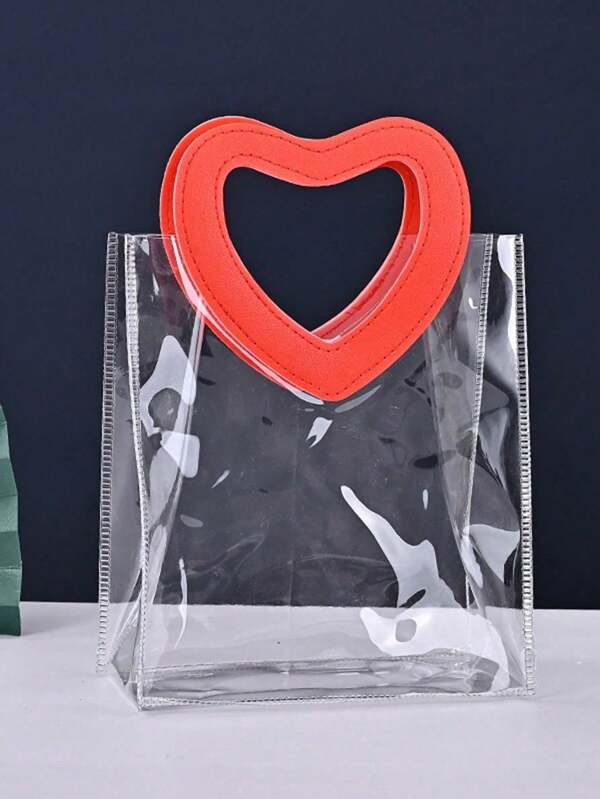 1/5pcs Waterproof Heart Shaped Tote Bag, Transparent PVC Heart Handbag, , Perfect For Holiday, Wedding, Gift, Cosmetics, Jewelry, Flower Packaging, Portable