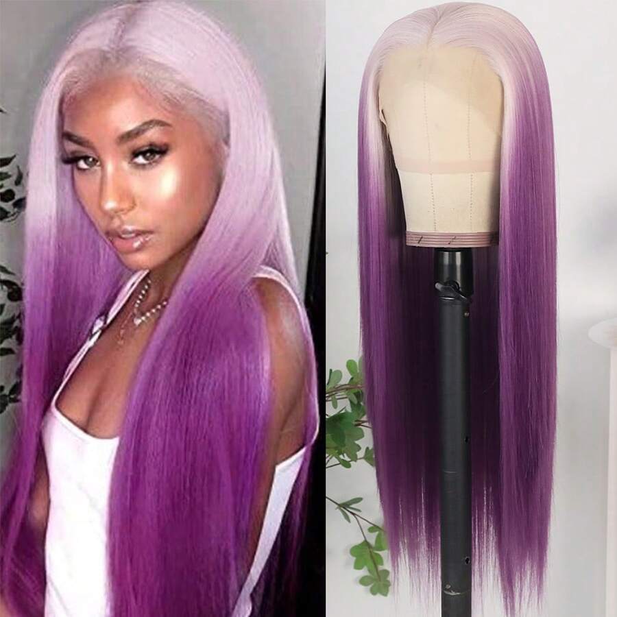 Gorgeous Ombre Blue Synthetic Lace Front Wigs 26 Inch Pre Plucked Long Straight Hair Wigs Glueless Blue White Ombre Colored Wigs Soft Christmas Wigs Heat Resistant Ombre Blue Lace Front Wigs For Fashion Women Perfect For Daily Wear & Parties - 漸層紫 - 查看 1