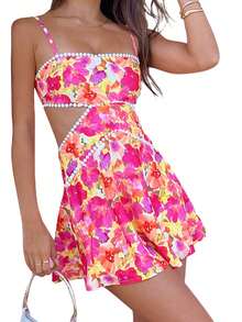 Women's Summer Mini Cami Dress Sleeveless Open Back Cutout Floral Spaghetti Strap Dress - 彩色 - 查看 10
