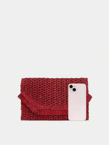 Boho-Stil Stroh gewebte Clutch Handtasche mit Patches und Fransen für Urlaub, Valentinstag