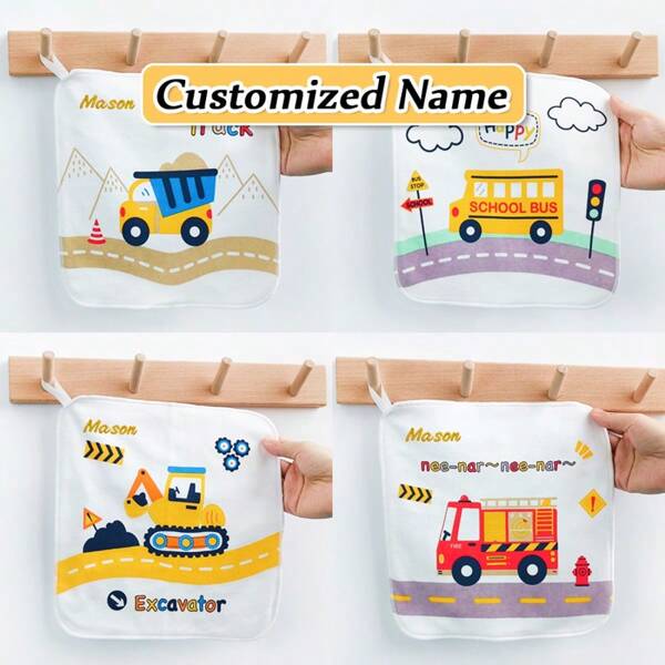 [Customized Item, Personalized Text] 4pcs/Set Pure Cotton Double-Layer Printed Handkerchiefs, Baby Bibs, Kids Handkerchiefs, Cute Printed Soft Children's Face Towels/Dish Towels With Hanging Loop, Highly Absorbent, Personalized Embroidered Name, New Born, Birthday, Christmas, Halloween, New Year Gift