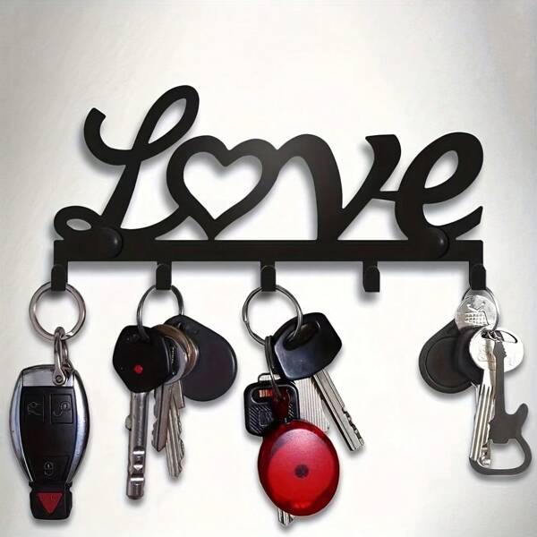 1Pcs Black Metal "LOVE" Keychain - Wall-Mounted Decorative Storage Box, With 6 Hooks, Space-Saving Home Decoration Design, Perfect For Storing Keys And Accessories