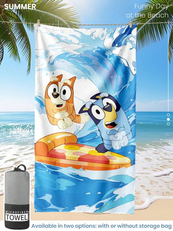 Bluey 1 pieza Toalla de playa con diseño de Bluey y tabla de surf, toalla de baño de estilo de moda, toalla de microfibra súper absorbente, liviana y portátil, con protección contra el viento y el sol, a prueba de arena para viajes de verano, vacaciones, decoración de baño, disponible con o sin bolsa de almacenamiento