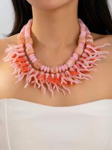 1 pièce Élégant collier de perles de corail à double couche pour femme, bijou polyvalent pour costume, cadeau idéal pour la plage, la fête et le mariage