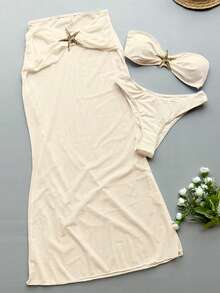 女士抹胸比基尼，带金属海星，三件套泳衣套装，适合海滩度假