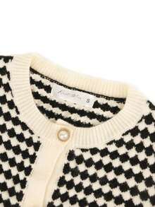 Knit Mix Elegant Women's Chic Knitted French Commuter Cardigan, Christmas Thanksgiving New Year Chic Plaid Pattern Pearl Button Front Loose Fit Sweater For Fall Winter Spring Fashion Back To School Fall Women Clothes Autumn