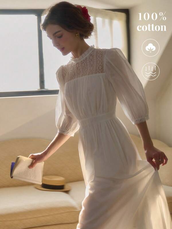 Simple Retro Women's Spring And Summer Models Small Collar Splicing Lace White Elegant Retro Temperament Slim Half-Sleeved Long Dresses Milkmaid Dress Summer Pure Cotton Skirt Wedding Dress Bridesmaid Dress French Gentle Temperament And Elegance