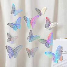 12pcs 3D Hollow Foldable Butterfly Wall Stickers, For Home Decoration, Gold Color Butterfly Decals Room Decor Wall Decor Personalised Stickers