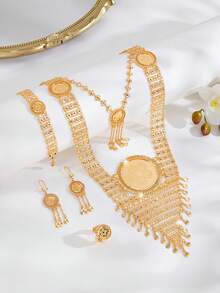 Set de bijuterii retro de lux Mgyi, din cupru auriu, la modă și de înaltă calitate, pentru femei, colier, cercei, brățară, inel elegant placat cu aur de 14K, design pătrat de lux, potrivit pentru Nigeria, Dubai, Orientul Mijlociu, Arabia Saudită, nuntă, purtare zilnică, cadou de aniversare a nunții, cadou de Halloween pentru prieteni - Aur B - Vizualizare 1