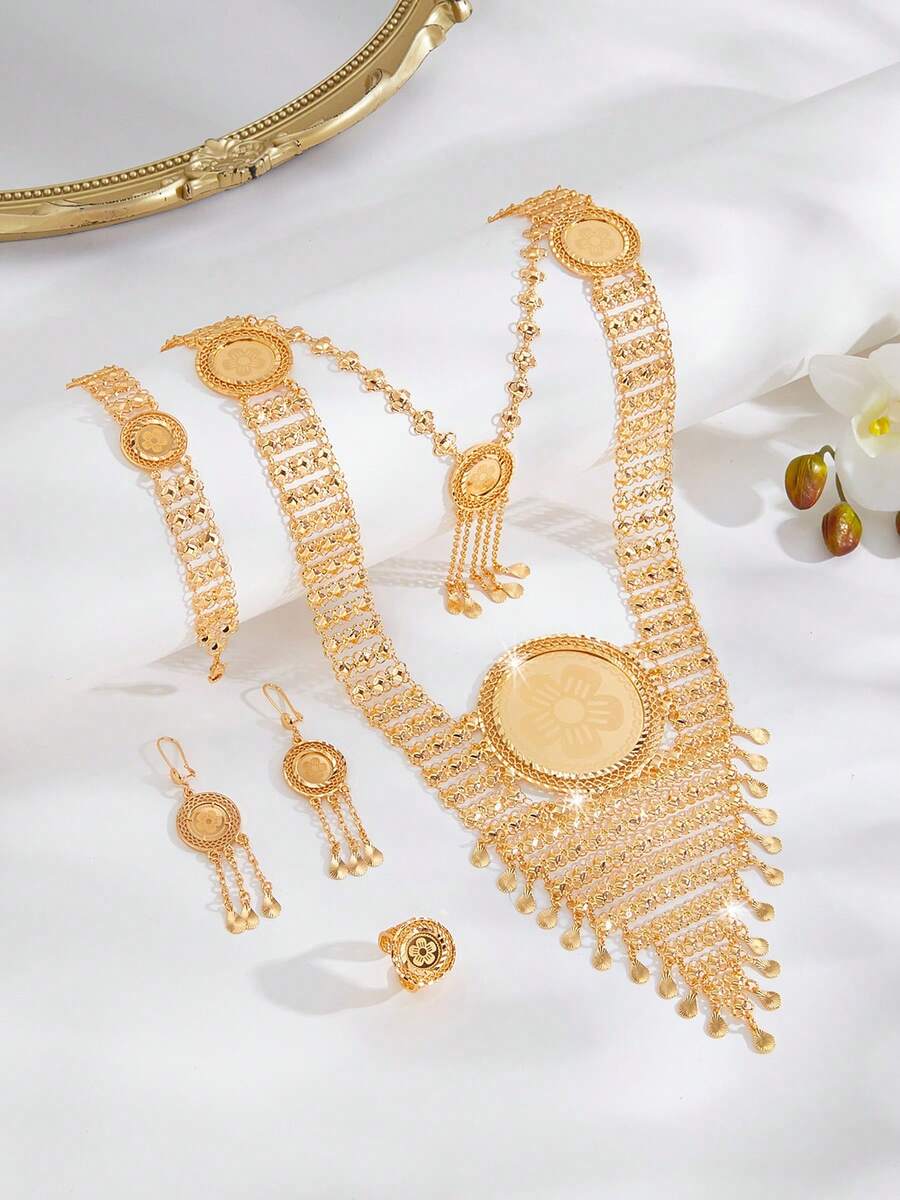 Set de bijuterii retro de lux Mgyi, din cupru auriu, la modă și de înaltă calitate, pentru femei, colier, cercei, brățară, inel elegant placat cu aur de 14K, design pătrat de lux, potrivit pentru Nigeria, Dubai, Orientul Mijlociu, Arabia Saudită, nuntă, purtare zilnică, cadou de aniversare a nunții, cadou de Halloween pentru prieteni - Aur B - Vizualizare 1