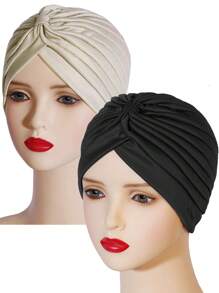 2 Peças Gorros Turbante de Cor Sólida - Toucas de Cabeça Pregueadas, Gorros Quimioterapia com Elástico Criscruzado na Testa, Lenços de Cabeça Femininos para Uso Casual