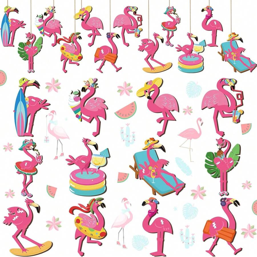 12 Stück/24 Stück/36 Stück Flamingo Deko, tropische Palmenblätter & verspielte Blumen Holz Hängedekoration, Sommer Hawaii Strand Holzdekoration, Hawaii Geburtstags Party, Hochzeits Braut Geschenk, Party Gastgeschenke; Die Flamingos haben verschiedene sommerliche Elemente