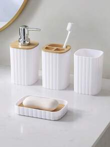 4Pcs Bathroom Set Soap Dispenser Toothbrush Cup And Bamboo Tray Set Countertop Toiletries Storage Set For Farmhouse Bathroom Decor Back To School