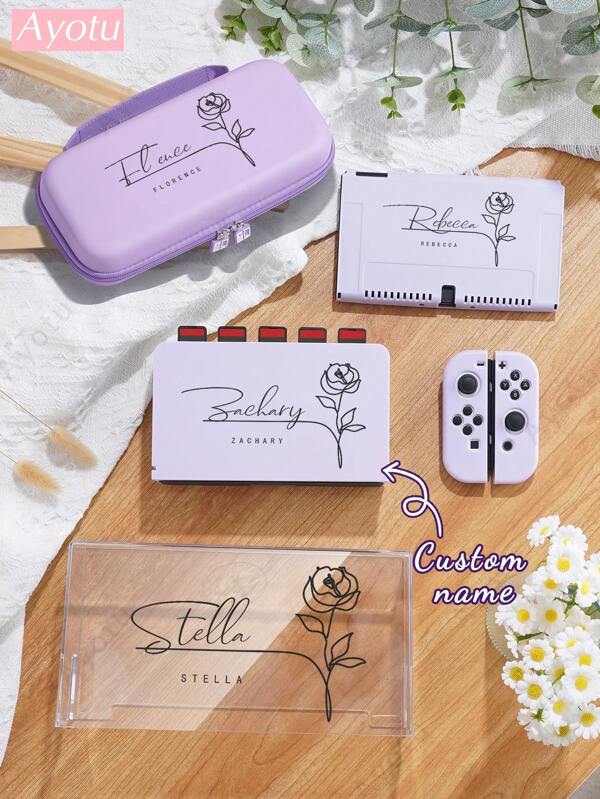 Ayotu Étui de commutateur personnalisé avec nom de fleur compatible avec OLED/Switch Lite/Nouveau commutateur 2025 7,9 pouces, accessoires de commutateur personnalisés, y compris le couvercle de base NS, la boîte de stockage de cartes de jeu, le sac de rangement