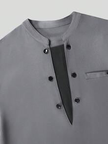 2pcs/Set Men's White Dashiki Outfit, Double-Breasted Decor, V-Shaped Contrast Splice, Round Neck, Long Sleeve, Slit Hem, Elastic Waist Pants, African Clothing, Men's Casual Shirt & Pants Set, New Arrival, Streetwear, Party, Date, Wedding, Cultural Events, Traditional Ceremonies