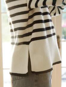 Knit Mix 女士条纹高领长袖针织套头毛衣，休闲宽松版型，随机图案，适合秋冬季节和开学季穿着 - 黑與白 - 查看 8