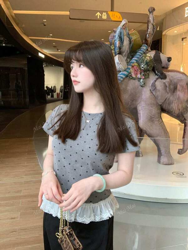 Women's Korean Style Polka Dot Crew Neck Short Sleeve T-Shirt, Lace Splice Top, Summer Wear