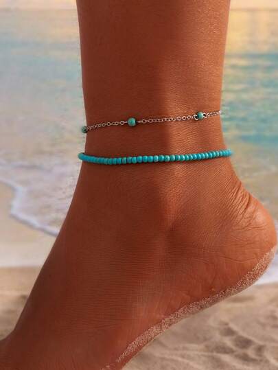 2pcs Bohemian Style Turquoise & Bead Anklet Set, Fashionable Minimalist Ankle Jewelry For Women