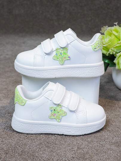 1 Pair Girls' Versatile Hook And Loop Small White Shoes, Flat, Comfortable, Breathable, Sequin Decor, Flat, Student, Campus Style, Fashion Casual, Sweet Cute, Running Sports Shoes