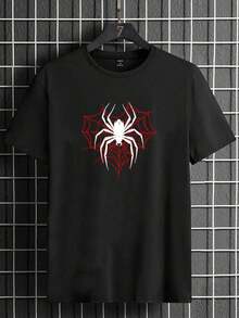 Manfinity  Camiseta de manga corta con cuello redondo y gráfico de araña, de punto negra para hombre, para salir - Negro - Ver 3