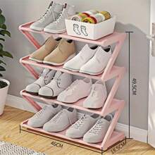 1pc 4-Layer Z-Shaped Shoe Rack, Easy To Assemble, Metal Tube And Plastic Bracket, Stackable Storage Organizer, Suitable For Home, Dormitory And Living Room, Space Saving Floor Design, Shoe Storage Organizer