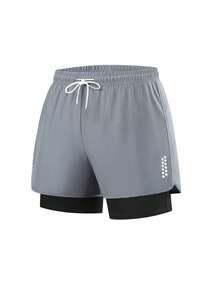 [2-In-1 Active Shorts] Women's Athletic Geometric Pattern Shorts - 95% Polyester, 5% Spandex Blend, Slightly Stretchy, Woven Active Casual Shorts, Suitable For Fitness, Workout, Running, Spring, Summer, Autumn - Grey - View 16