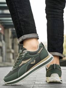Flipark 1 Pair Men's Casual Everyday Comfortable Sneakers, Men's Colorblock Mesh Breathable Lace-Up Low-Top Athletic Shoes, Thick Sole Casual Style, Multiple Colors (Green / Black / White), Mesh + Leather Trainers