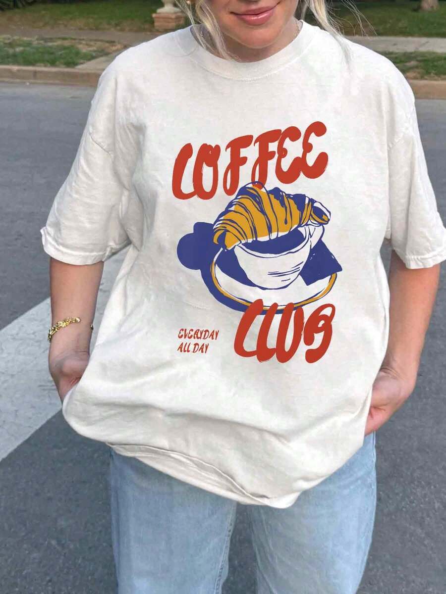 Plus Summer Casual Round-Neck T-Shirt, Coffee Club Letter Pattern, Croissant Pattern, Coffee Pattern, Casual Summer, White Loose T-Shirt, Suitable For All Four Seasons - White - View 1