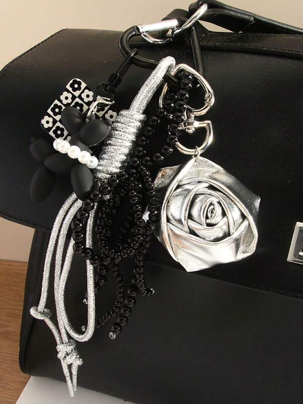 Silberne Rose Tier Ballon Anhänger/Schlüsselanhänger mit Schleife Perlen Kette, geeignet für tägliches Tragen, Dates, Reisen, Goth-Stil von Frauen