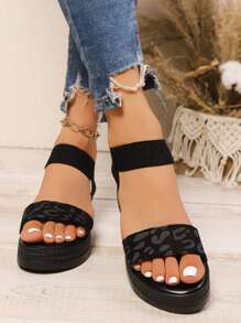 Women's Leopard Print Wedge Heel Platform Slip-On Sandals, Comfortable Outdoor Heels