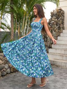 PARTHEA 露背交叉系带花卉印花褶皱紧身连衣裙，配有口袋 - 藍色 - 查看 8