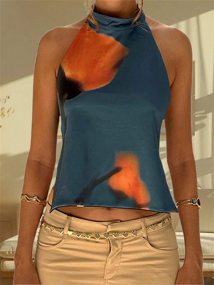 Women's Y2K High Neck Halter Tank Tops Sleeveless Slim Fit Crop Tops Backless Dots/Flower Print Vest Summer Casual Going Out Tops Streetwear - 水鴨藍 - 查看 1
